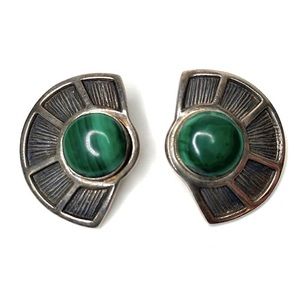 Vintage 80s Sterling Silver 950 Cabochon Malachite Half Moon Clip On Earrings